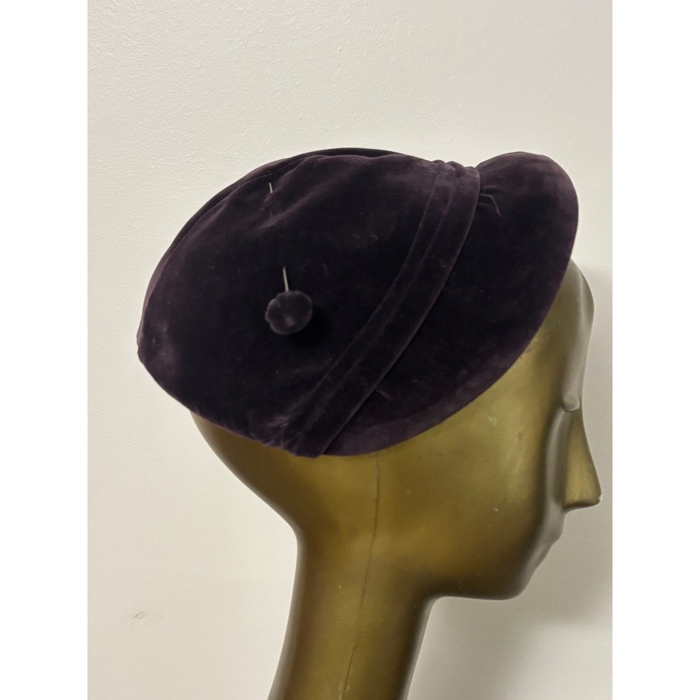 Vintage Dark Purple Velvet Cloche Hat with Matching Hat Pin Mid Century Style